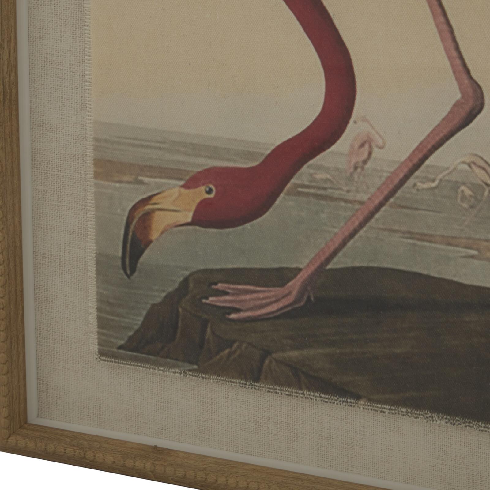 Graceful flamingo watercolor art on linen, neutral tones with beaded frame, 50x40cm, for modern or coastal decor by RoomLondon at brixbailey.com