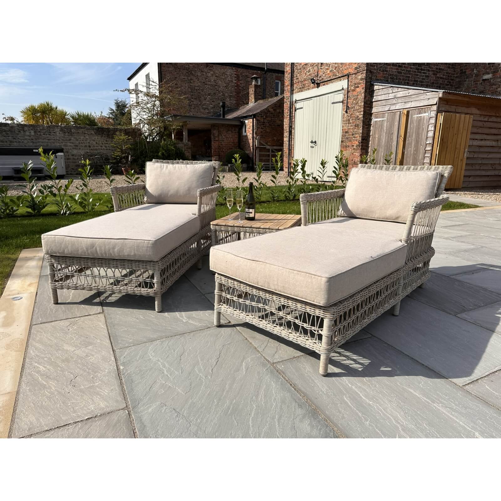 Provence Sun Lounger Set in beige with HDPE rattan weave, aluminum frame, and Olefin cushions for outdoor comfort by sostter at brixbailey.com