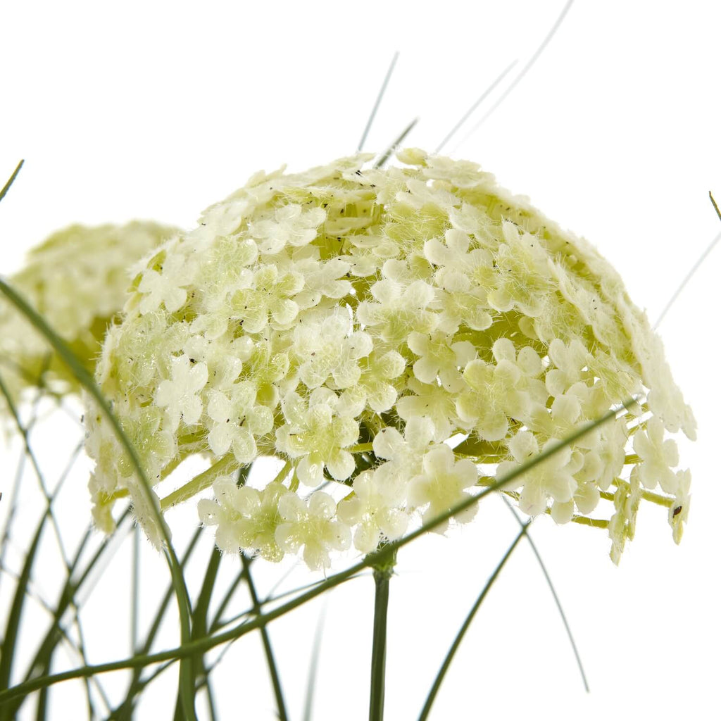 White faux Allium plant in black pot, realistic spherical blooms with green stems, 70cm home decor accent by Sostter at brixbailey.com