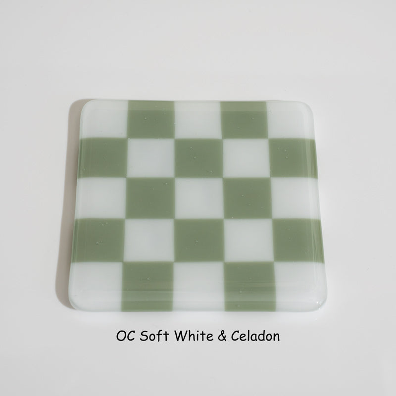 10cm Chequered Soft White Fused Glass Coaster