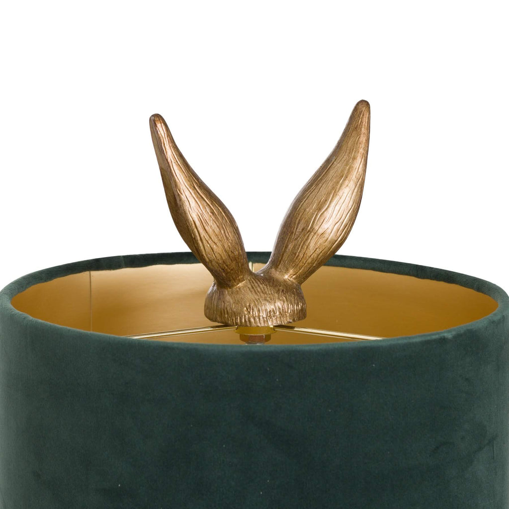 Antique gold hare table lamp with green velvet shade, handcrafted resin sculpture, elegant home decor lighting by sostter at brixbailey.com