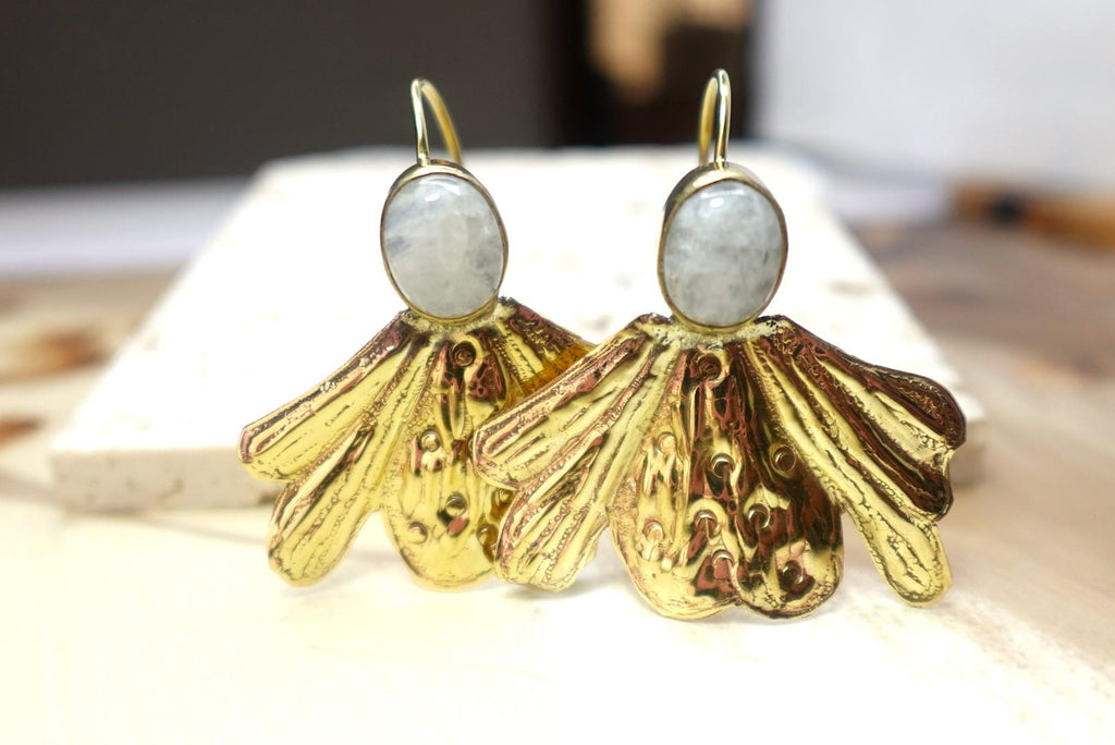 Textured Gold Bloom Earrings with Moonstone and Labradorite Tops