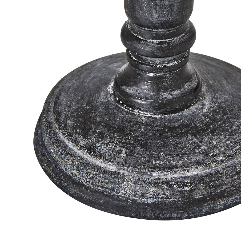 Distressed black Palmyra Column Table Lamp with neutral linen shade, rustic wood base, 20cm height.by Sostter at brixbailey.com
