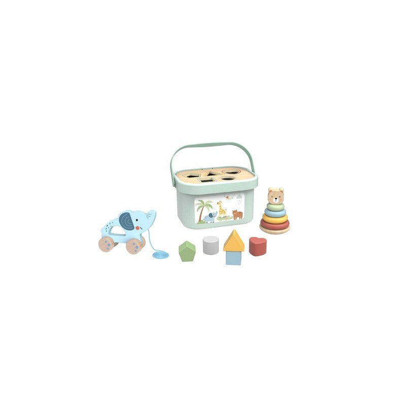 elegant 3in1 toy box with stackable pyramid and elephant on wheels for refined play