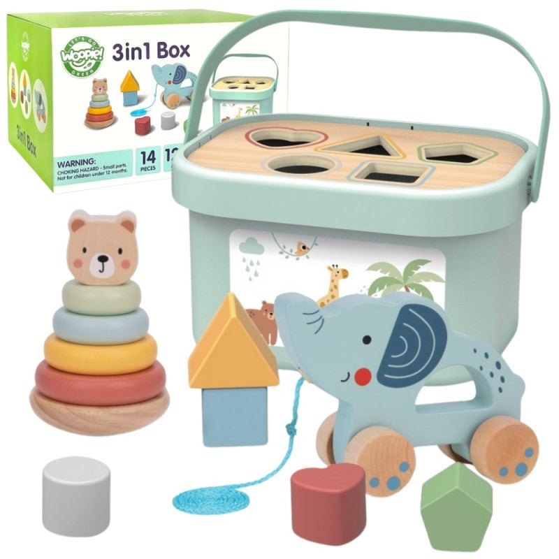 functional 3in1 toy box with sorting blocks, stackable pyramid, and elephant pull-toy neatly arranged