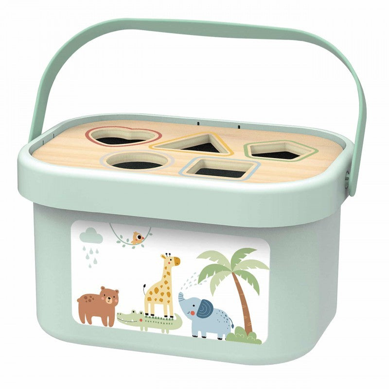 a child's hand pulling the wooden elephant toy on wheels across a sunlit floor