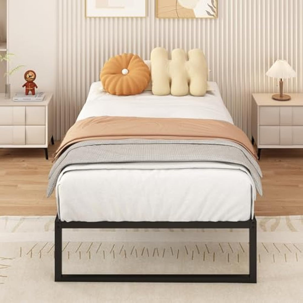 Single Bed Frame 90x190 cm Metal Platform with Steel Slat Support