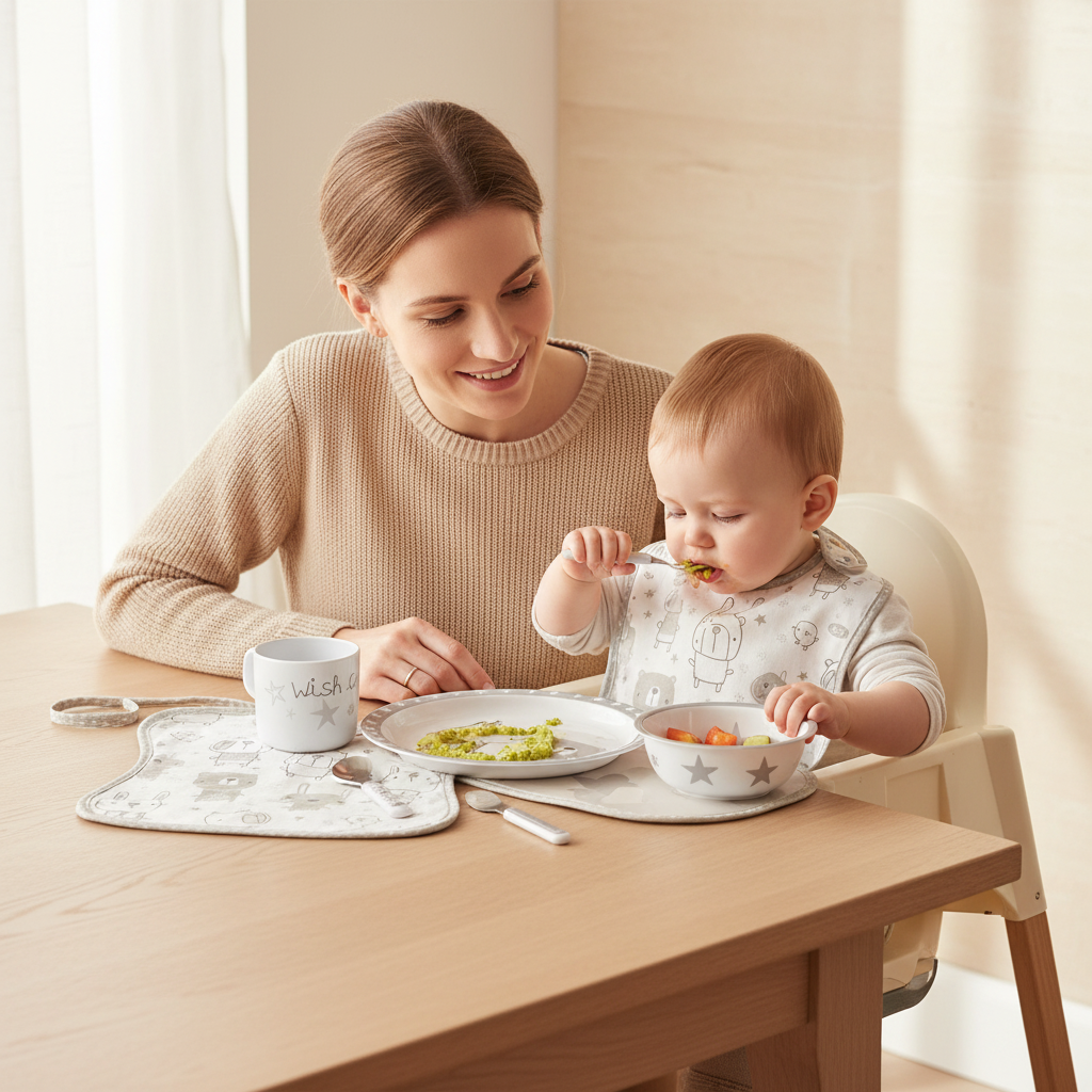 6 Piece Baby Crockery Set with Bib in Star Design