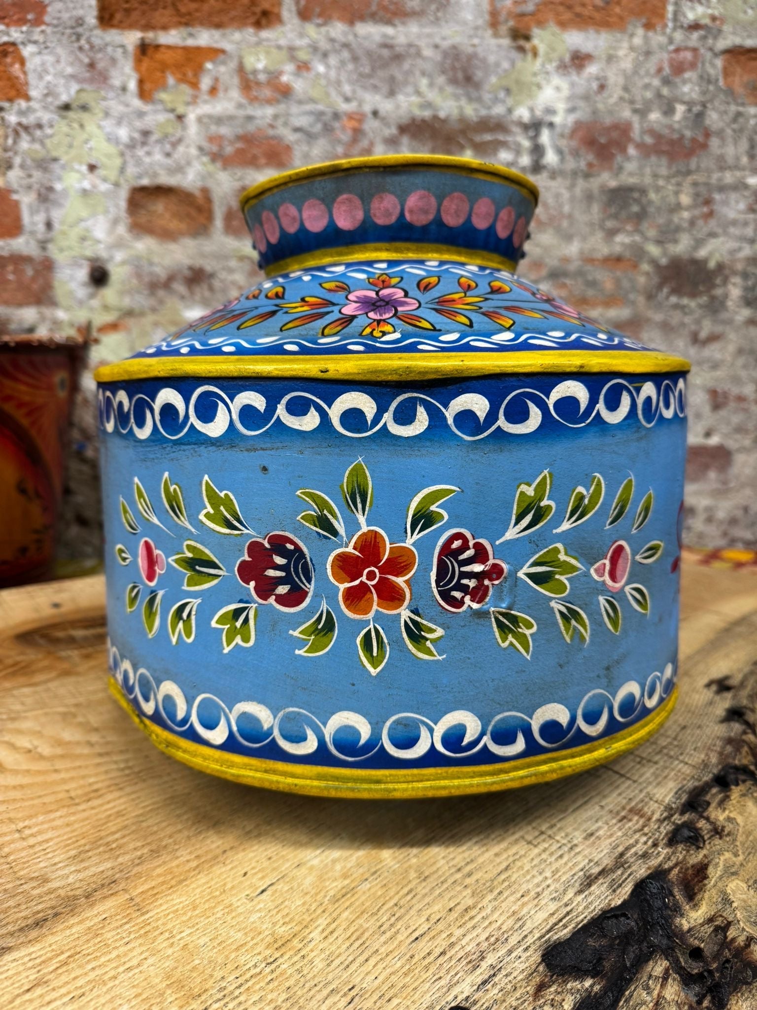 Vintage Painted Metal Water Pot and Planter