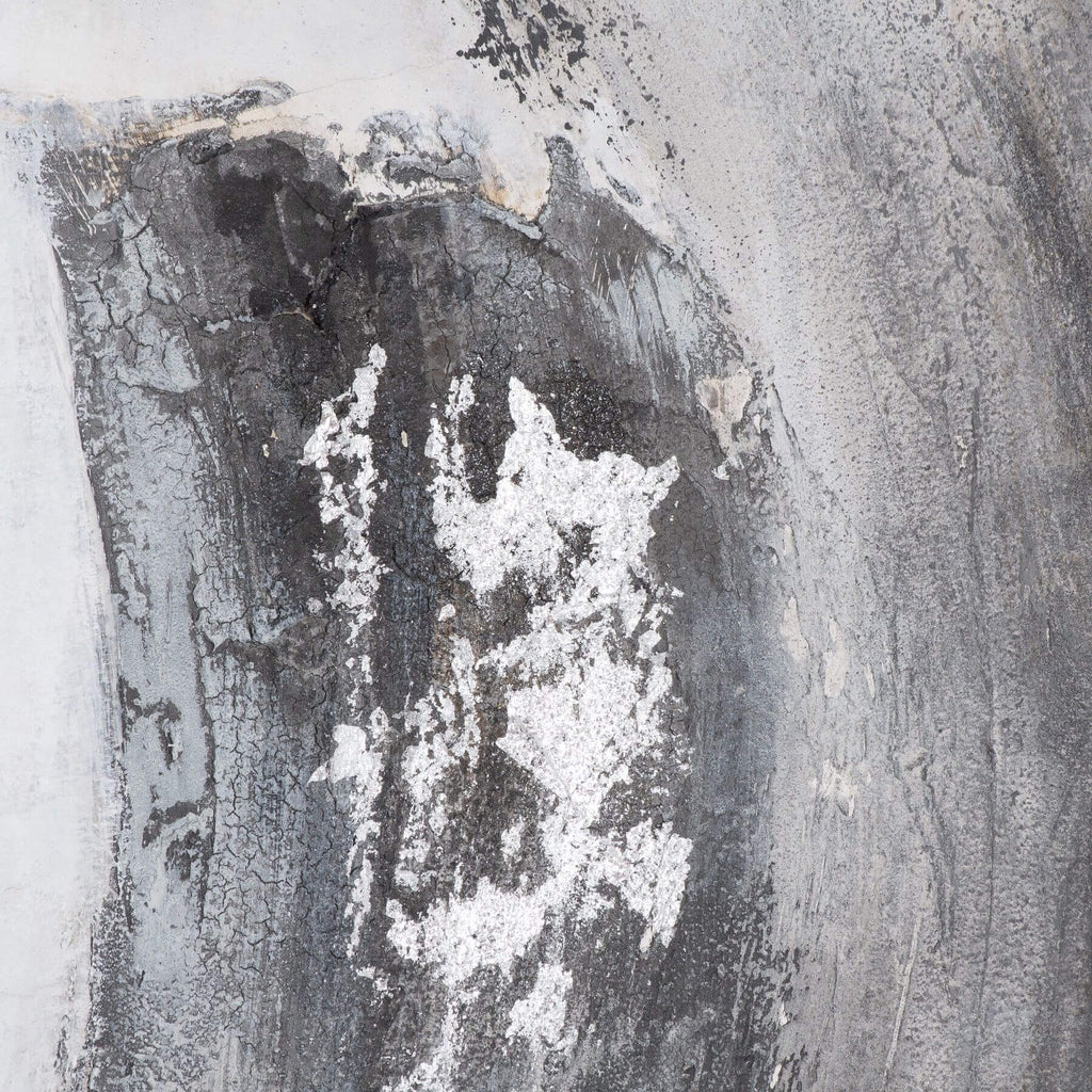 Hand-painted abstract canvas with swirling silver and grey tones on gallery-quality wood frame, 150x150cm by Sostter at brixbailey.com