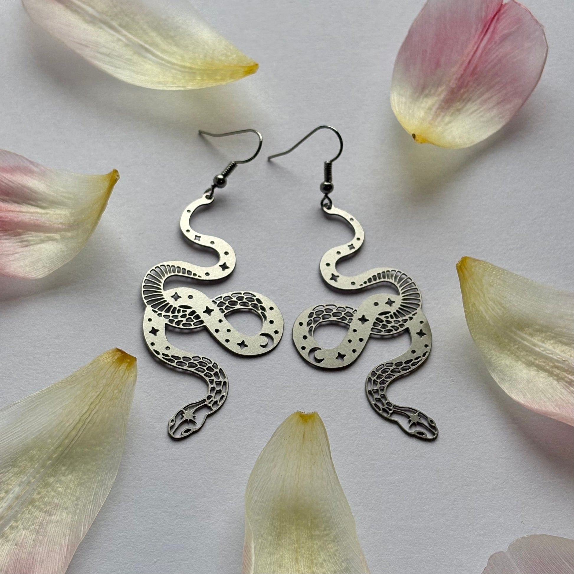Cool quirky silver stainless steel statement celestial these moon star snake drop dangle earrings