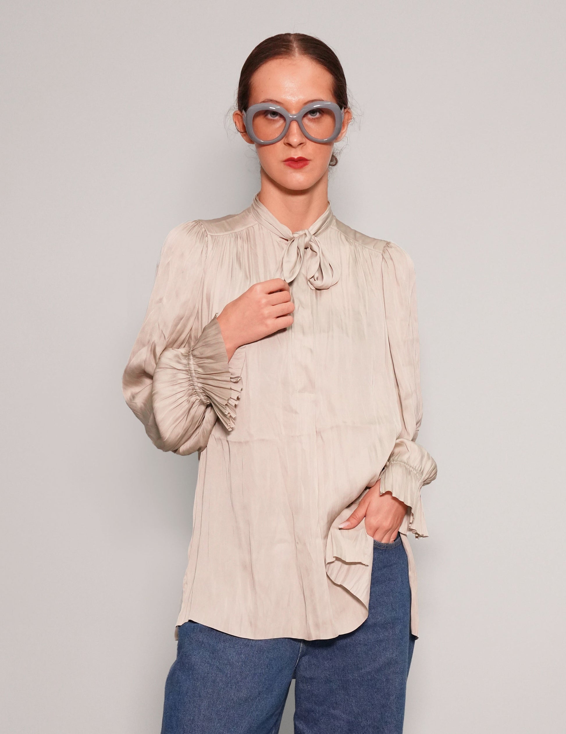 Tie Neck Blouse in Classic Multi Gather