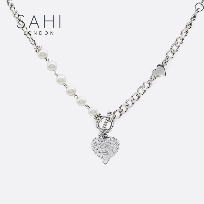 Heart Enameled Pearl Chain and Link Bracelet in Silver and Violet