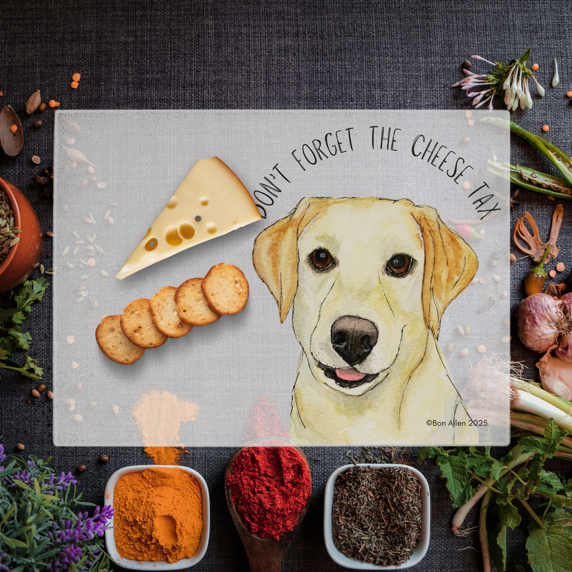 Labrador Chopping Board with Cheese Tax Reminder