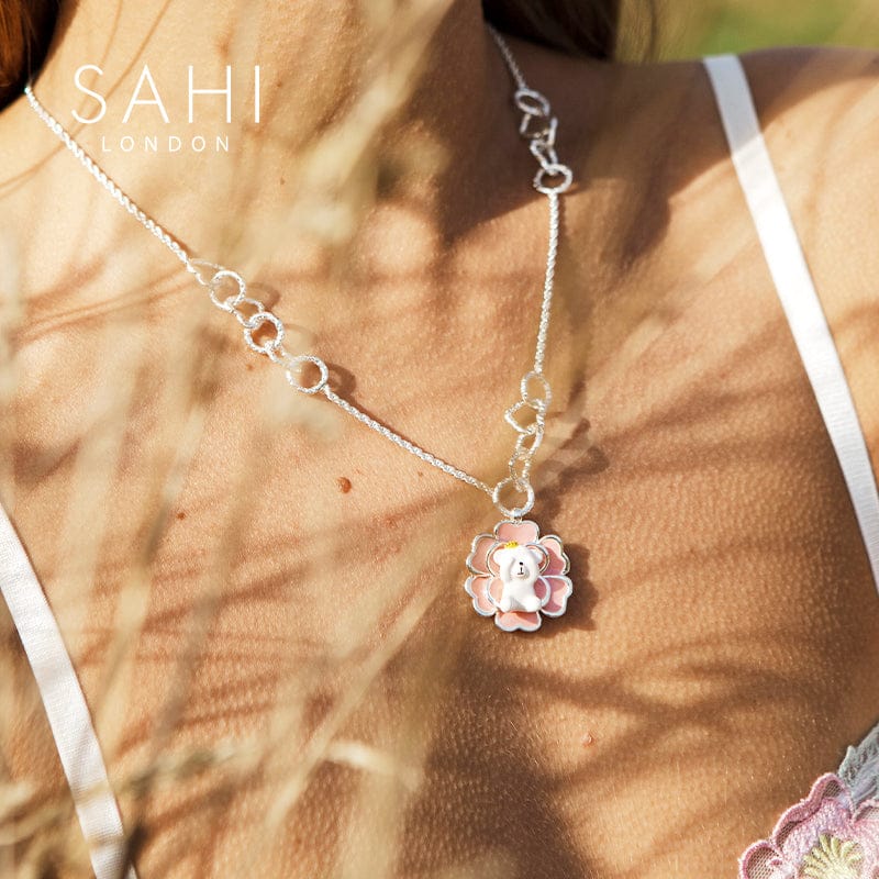Camellia Bear Pendant Charm Necklace Hand Enameled