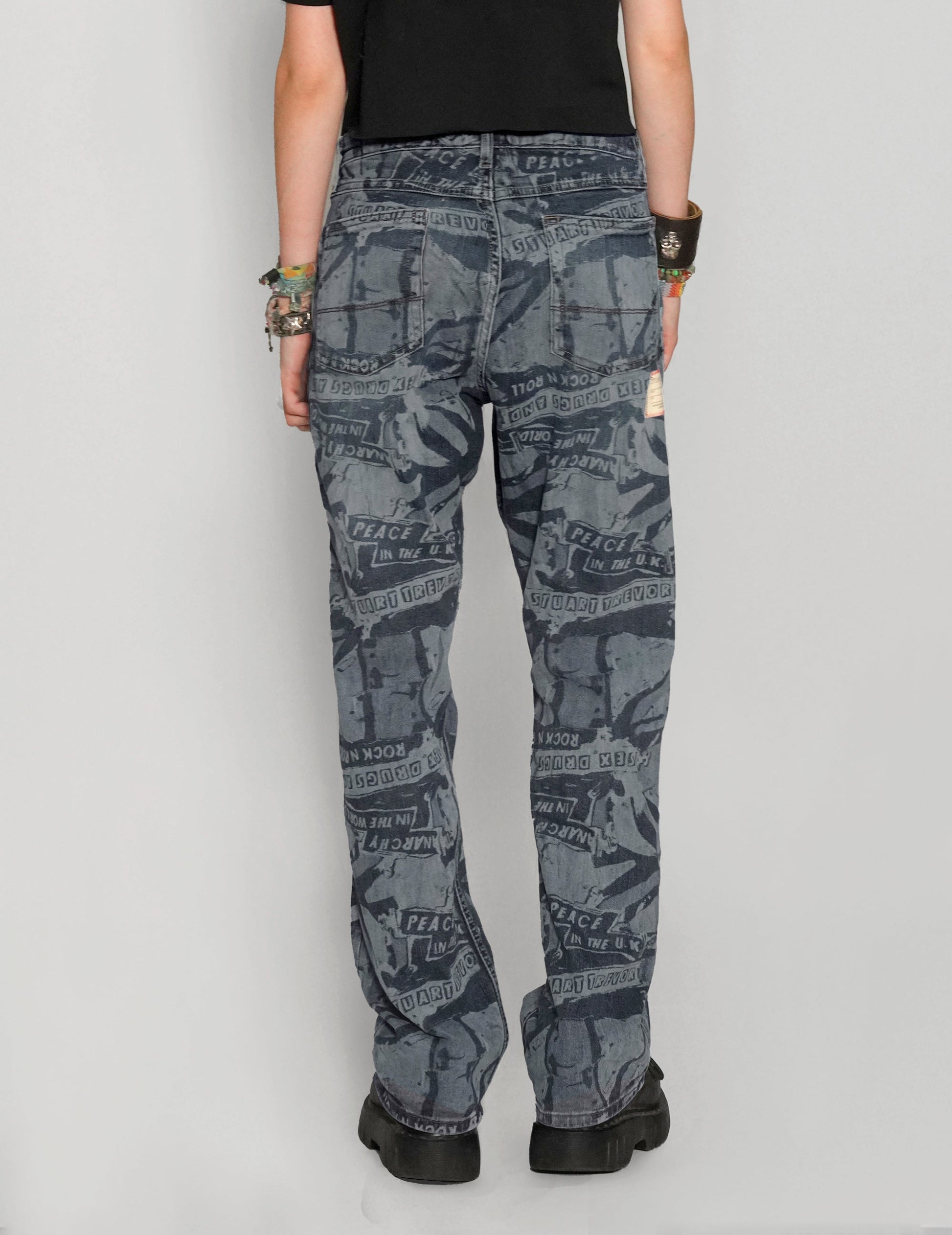 Peace Laser Print Jeans in Indigo