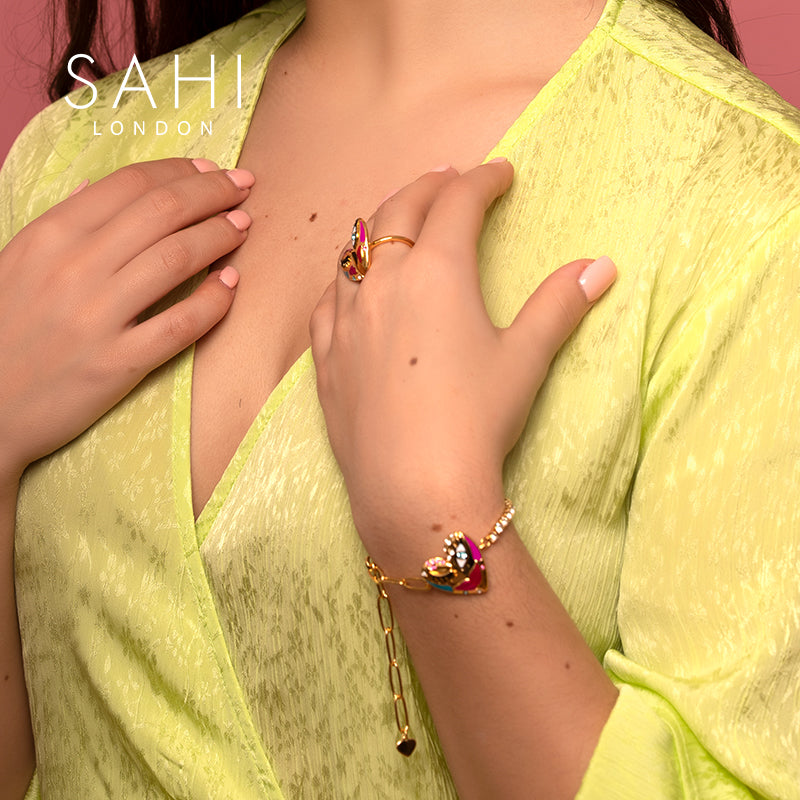 Love Affair Enamel Chain and Link Bracelet in Gold