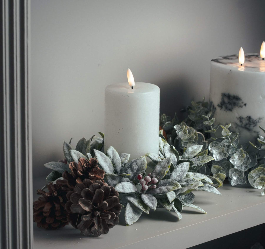 White LED pillar candle with realistic flicker, safe flameless design, and wax-like finish for home decor ambiance. by RoomLondon at brixbailey.com