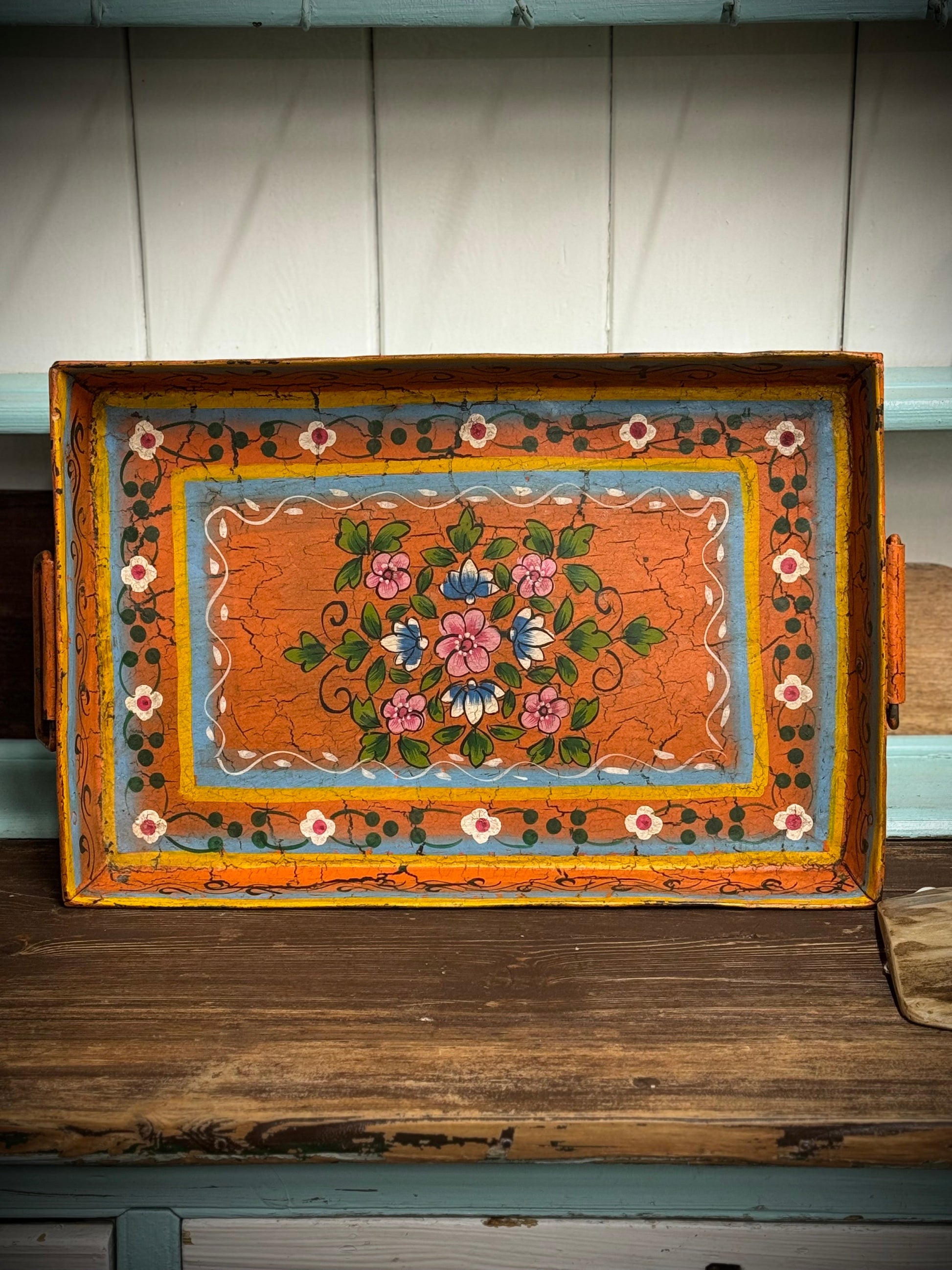 Rustic Vintage Metal Hand Painted Tray / Bread Antipasti Board / Decorative Storage / Serving Lap Tray / Narrow Boat