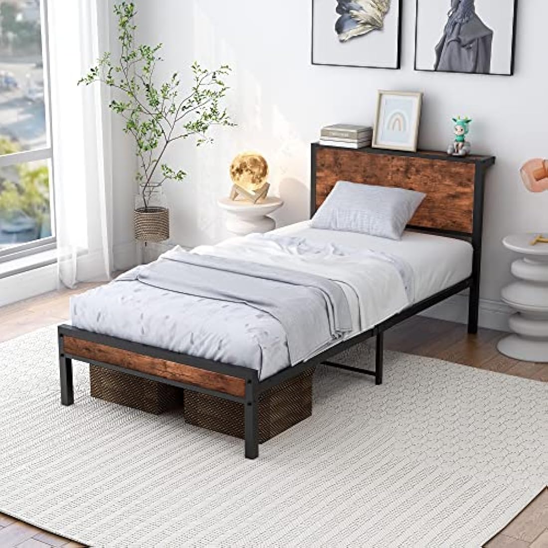 Single Bed Frame with Wooden Storage Headboard Shelf, Metal Frame, Black and Brown Oak
