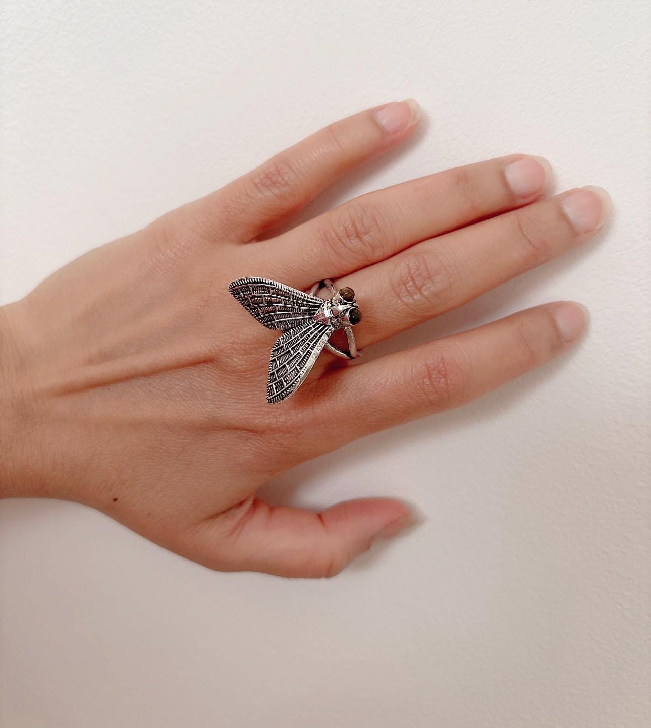 Adjustable Brass Insect Wing Ring Antique Gold Statement Jewelry