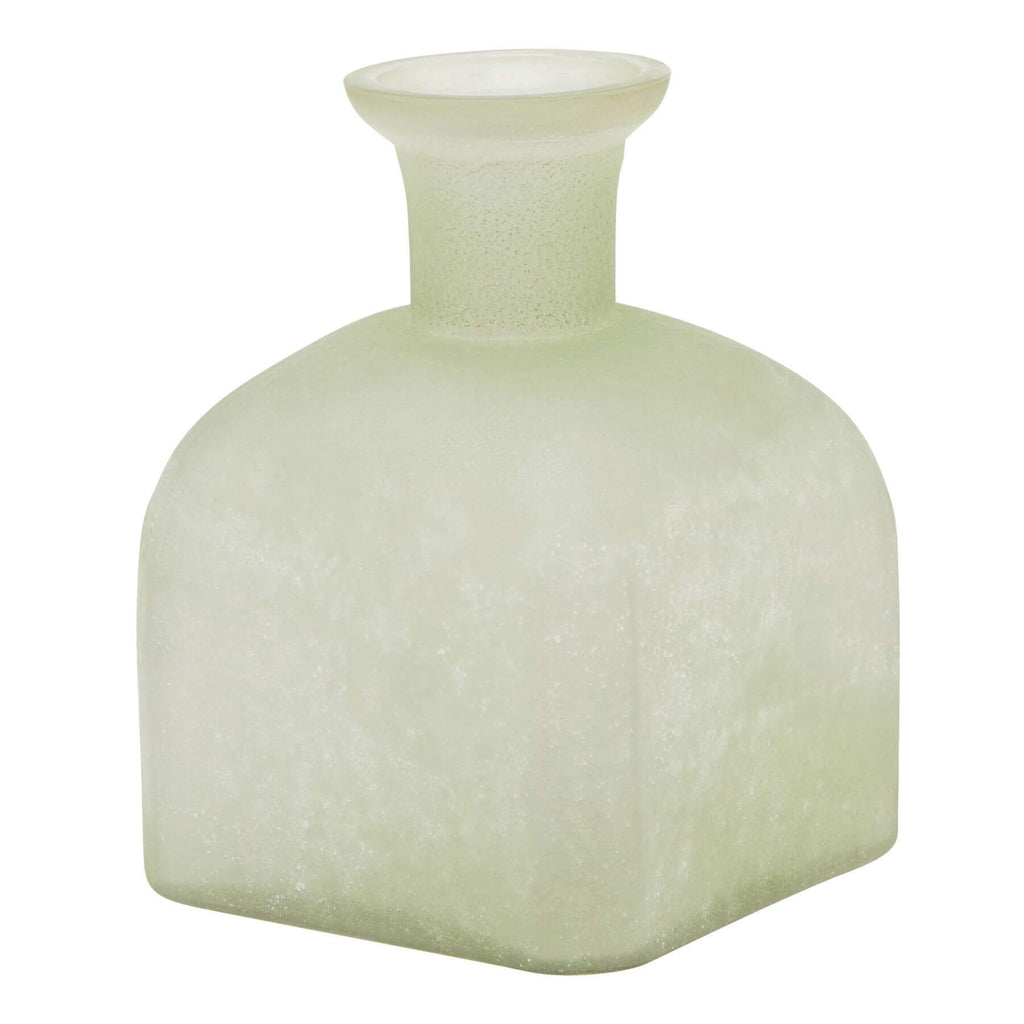 Smoked sage glass candle holder vase with aged brass accents, 15cm tall, for rustic or modern home decor by Sostter at brixbailey.com