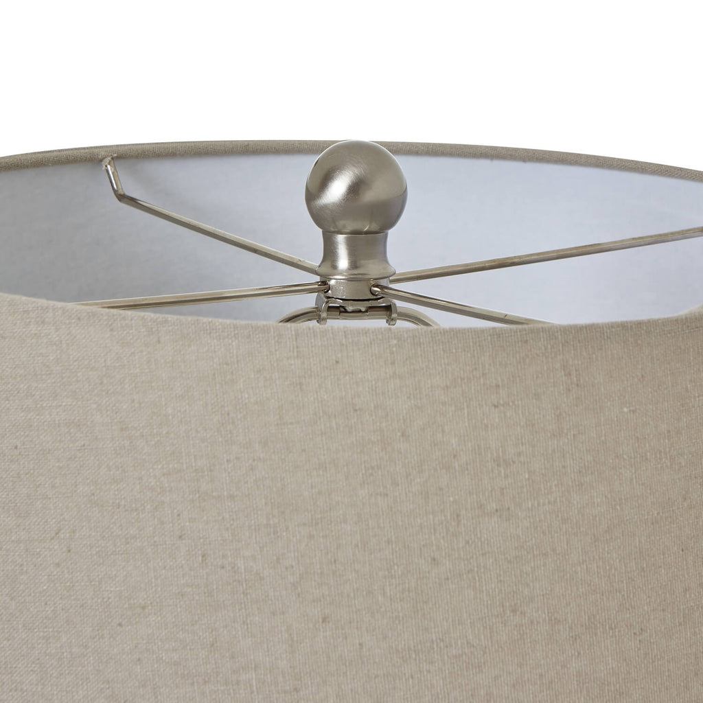 Handcrafted ceramic table lamp with ribbed earthy green base and neutral linen shade, 62cm tall, ambient lighting by Sostter at brixbailey.com