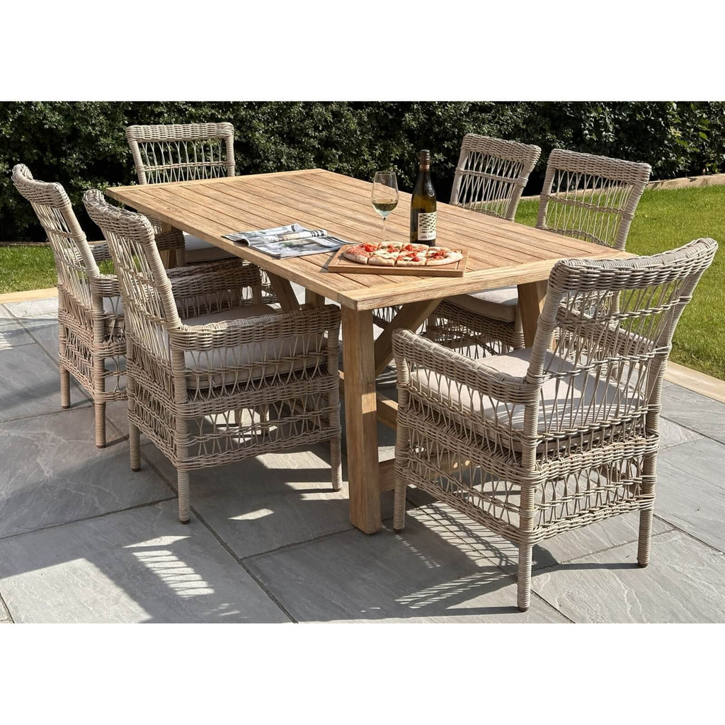 Provence Collection outdoor dining chair in beige with HDPE wicker and Olefin cushions on powder-coated aluminum frame by sostter at brixbailey.com