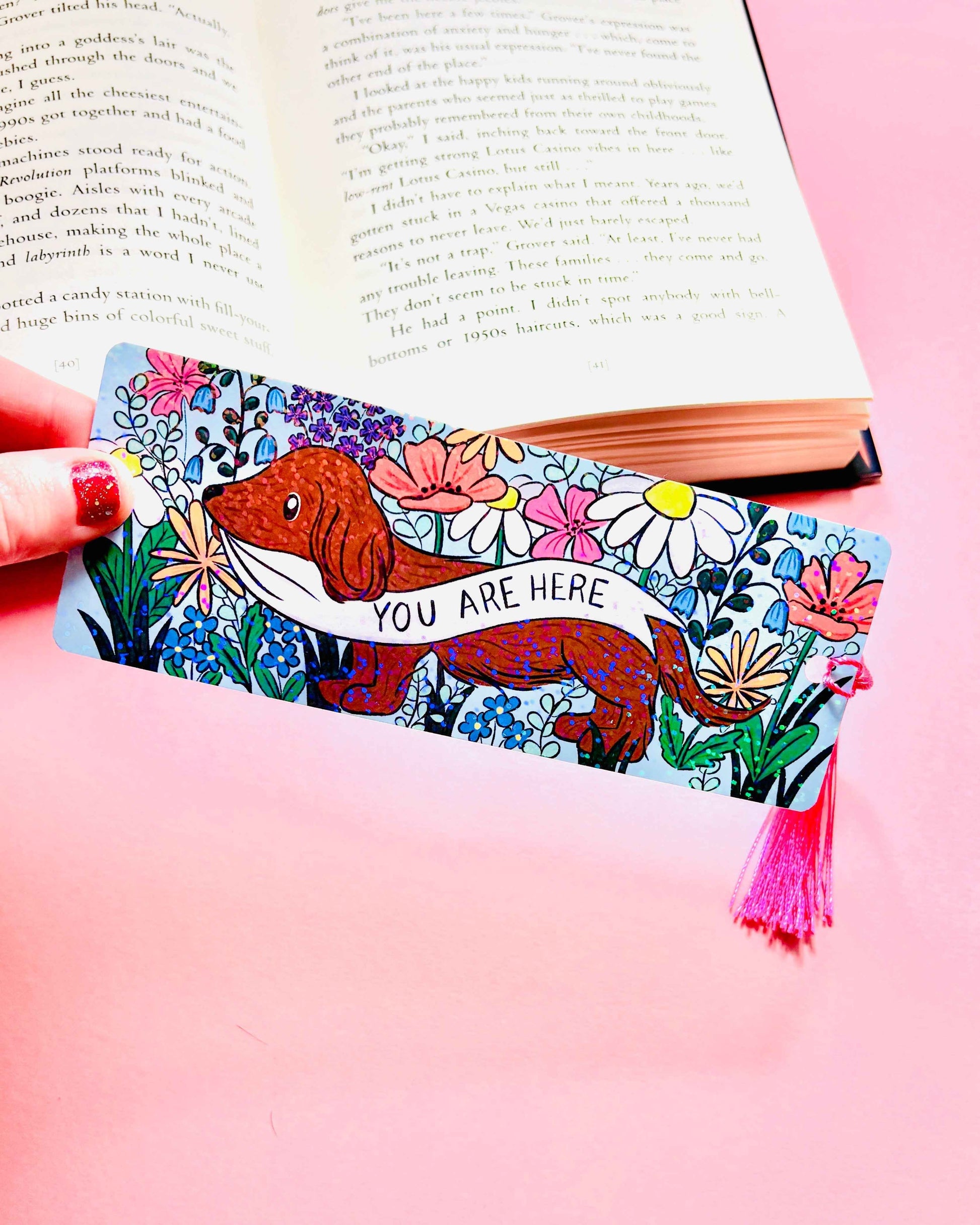 Cute Dachshund Holographic Bookmark with Tassel