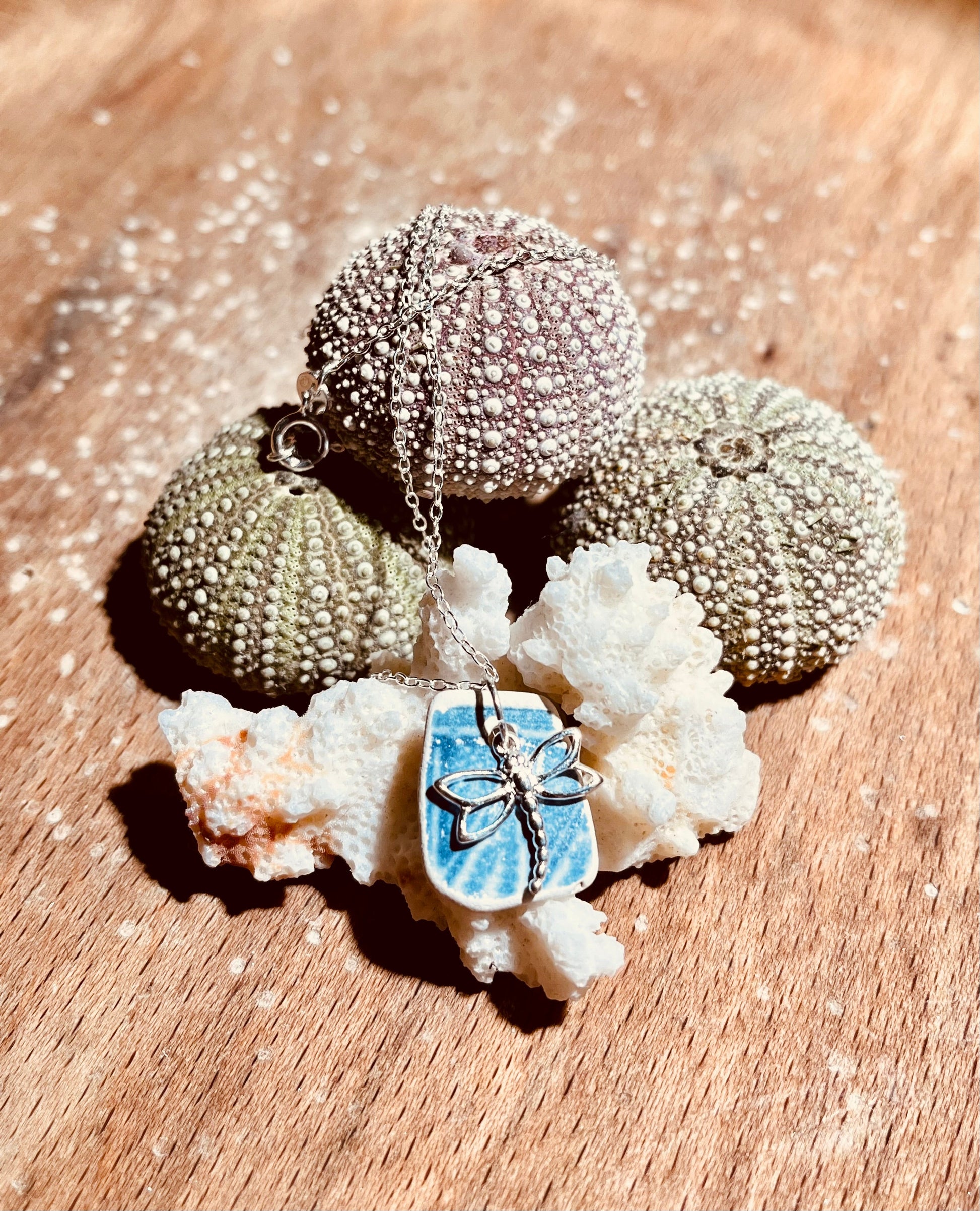 Dragonfly Silver Pendant with Sea Glass