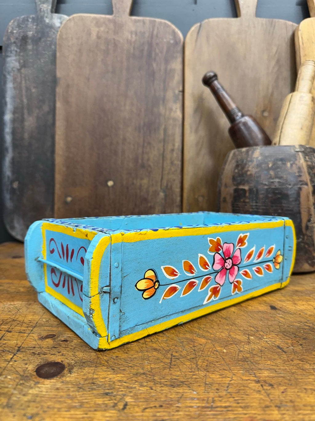 Blue Wooden Painted Brick Mould Planter and Storage Box