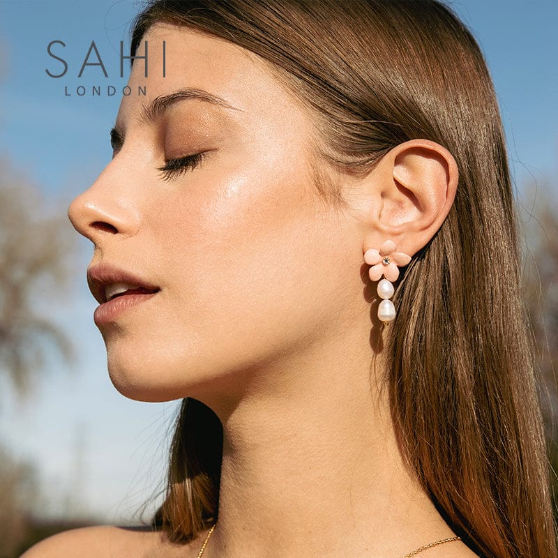 Gold Plated Lily Flower Pearl Drop Dangle Earrings in Peach