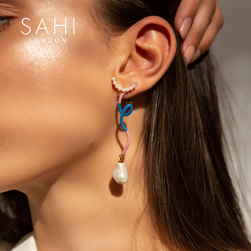 Fantasy Wave Pearl Dangle Earrings in Blue, Pink and Gold