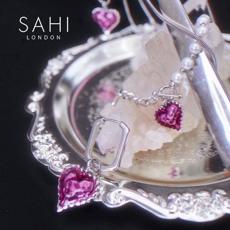 Love Heart Enameled Drop Dangling Earring in Silver and Violet