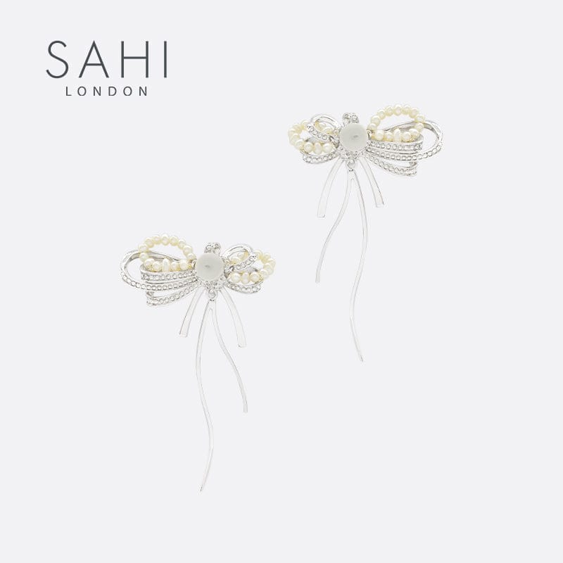 Love Heart Enamel Bow Stud Drop Earrings in Silver and Violet