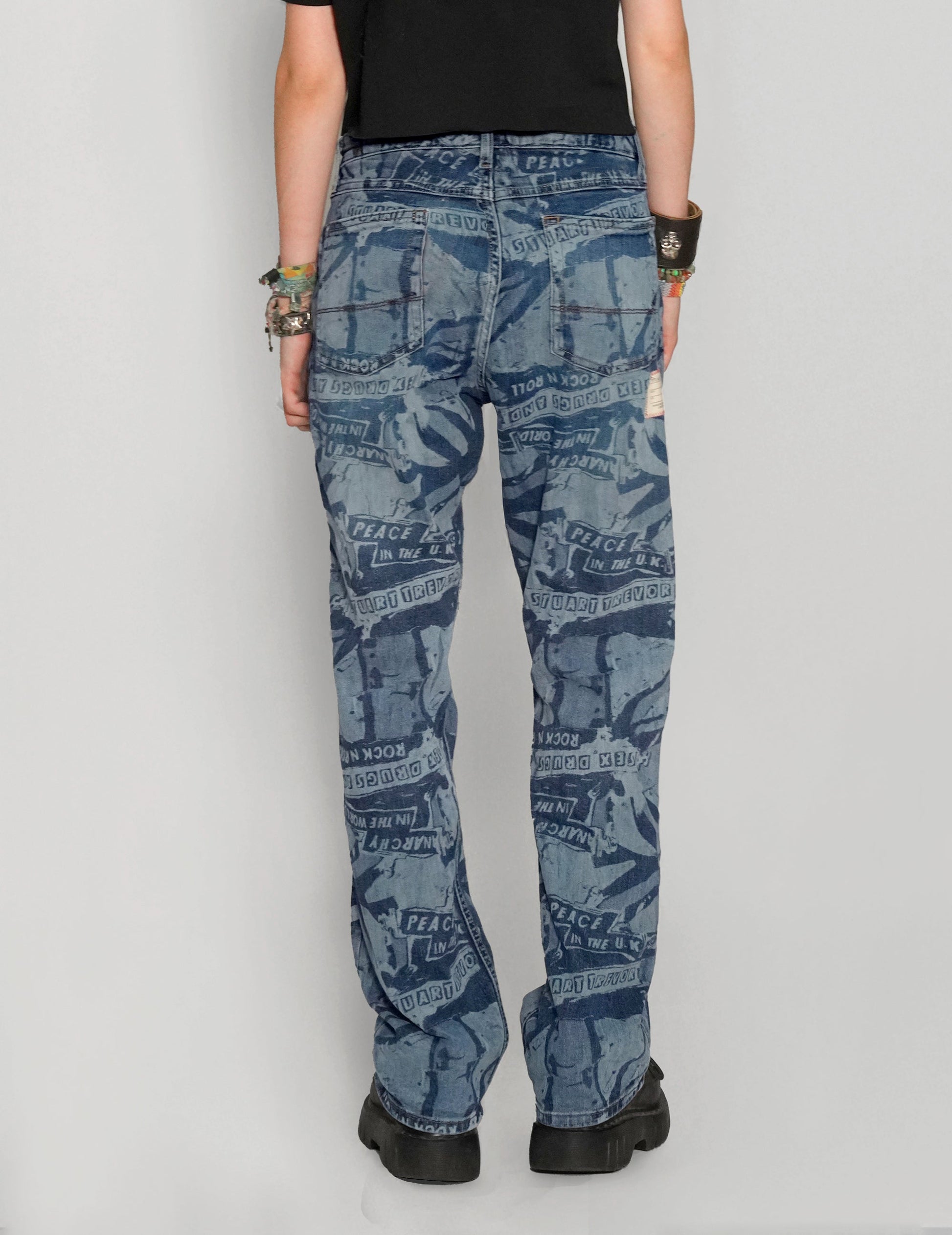 Peace Laser Print Jeans in Blue