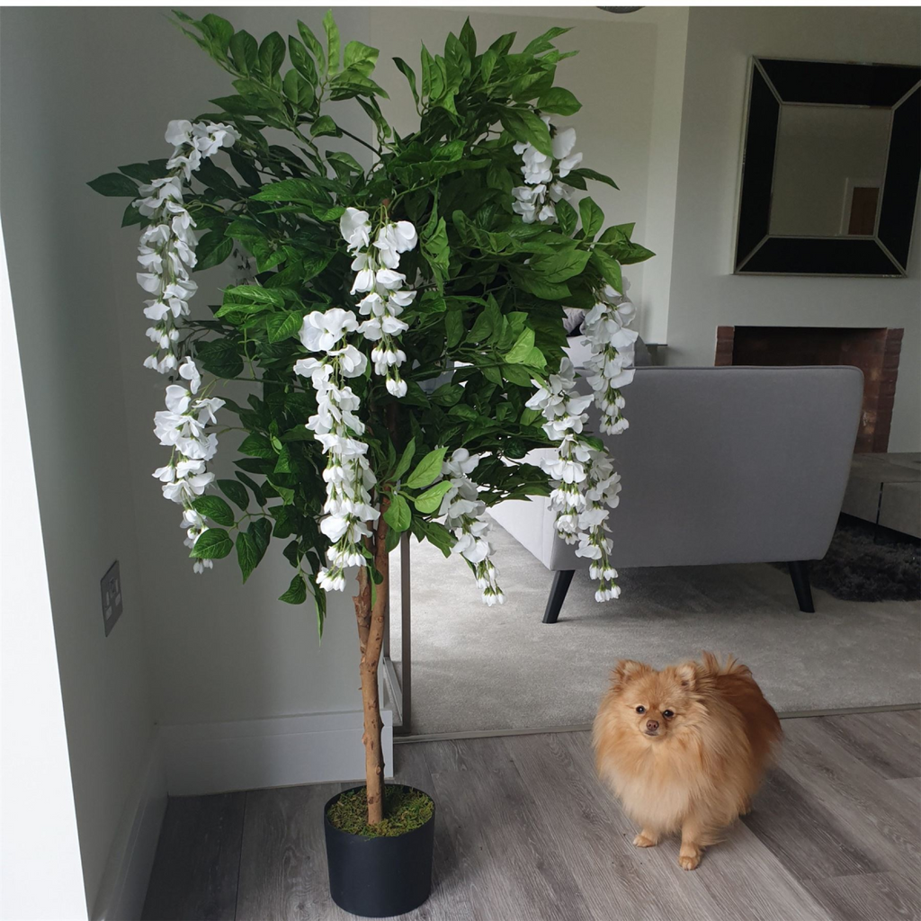 130cm Luxury Artificial Wisteria Tree with White Flowers and Gold Metal Planter