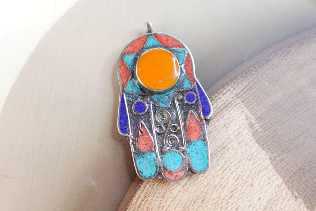 Large Hamsa Hand Pendant with Amber Lapis Turquoise and Coral Stone