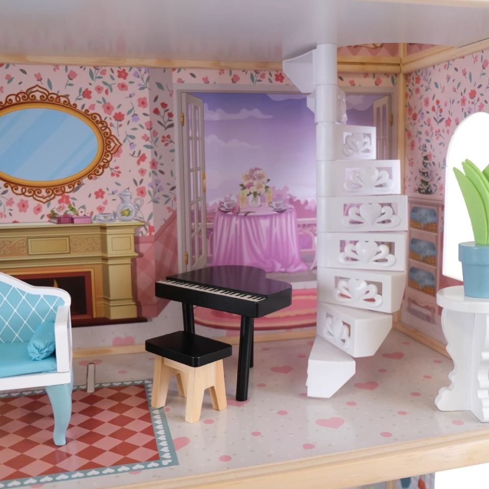 practical view of the wooden dollhouse's sturdy assembly and spacious three-story layout