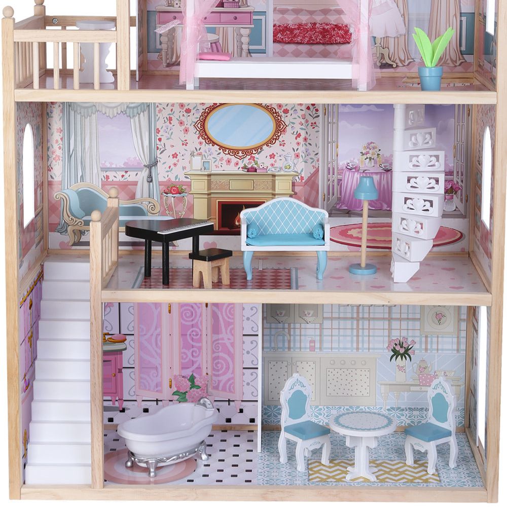 three-story wooden dollhouse with warm led lights illuminating the charming balcony at dusk
