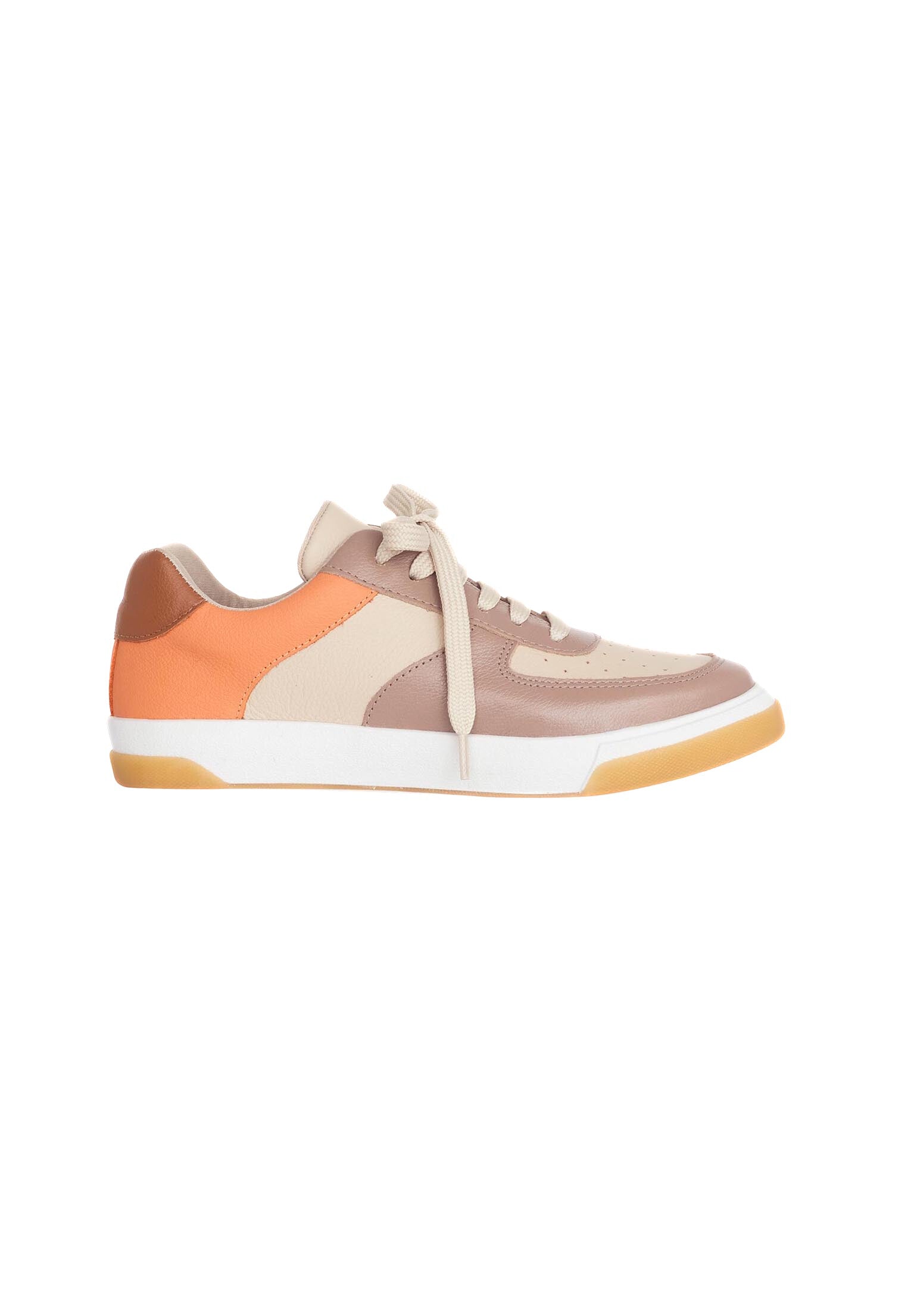 side profile of beige andira leather sneakers on a light concrete floor, highlighting the durable rubber sole and lace-up closure