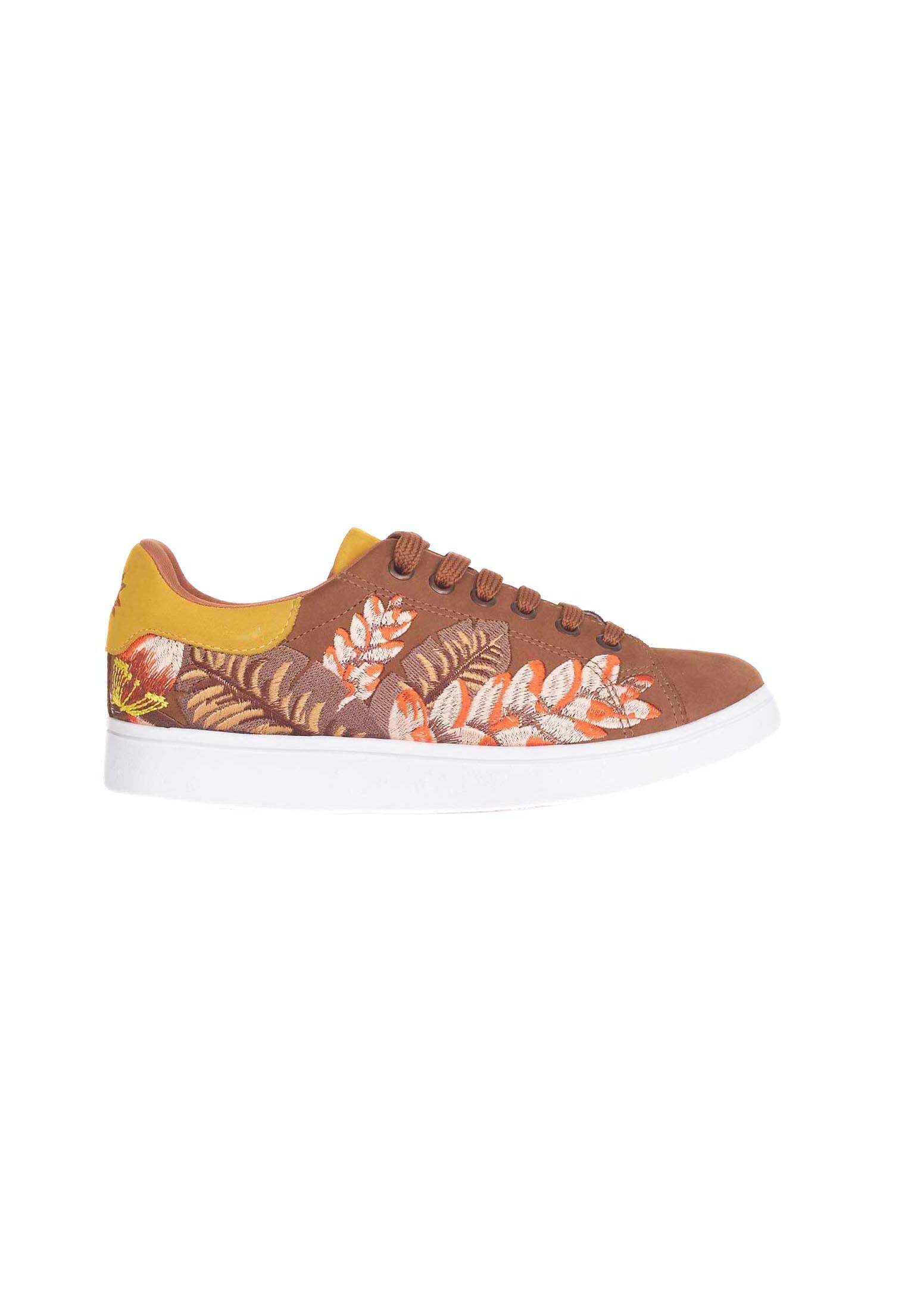 close-up of mangara women's brown suede sneakers with intricate floral embroidery on the side