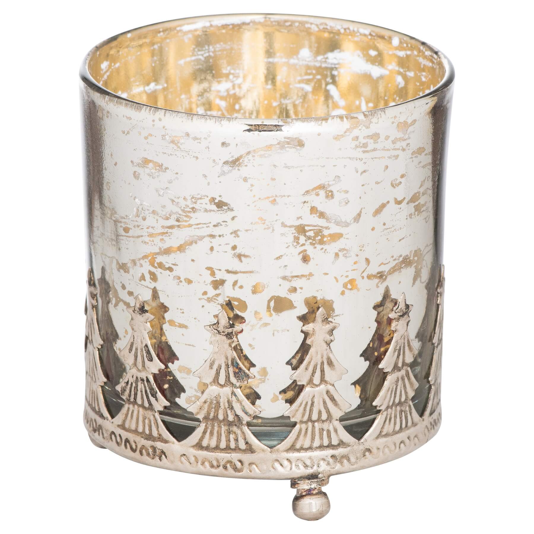 Vintage mercury glass Christmas tree candle holder in antique silver with golden glow, holiday decor centerpiece by RoomLondon at brixbailey.com