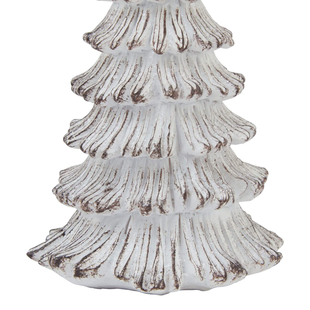 Handcrafted white resin winter fir tree sculpture with snow-dusted branches, Scandinavian minimalist decor by sostter at brixbailey.com