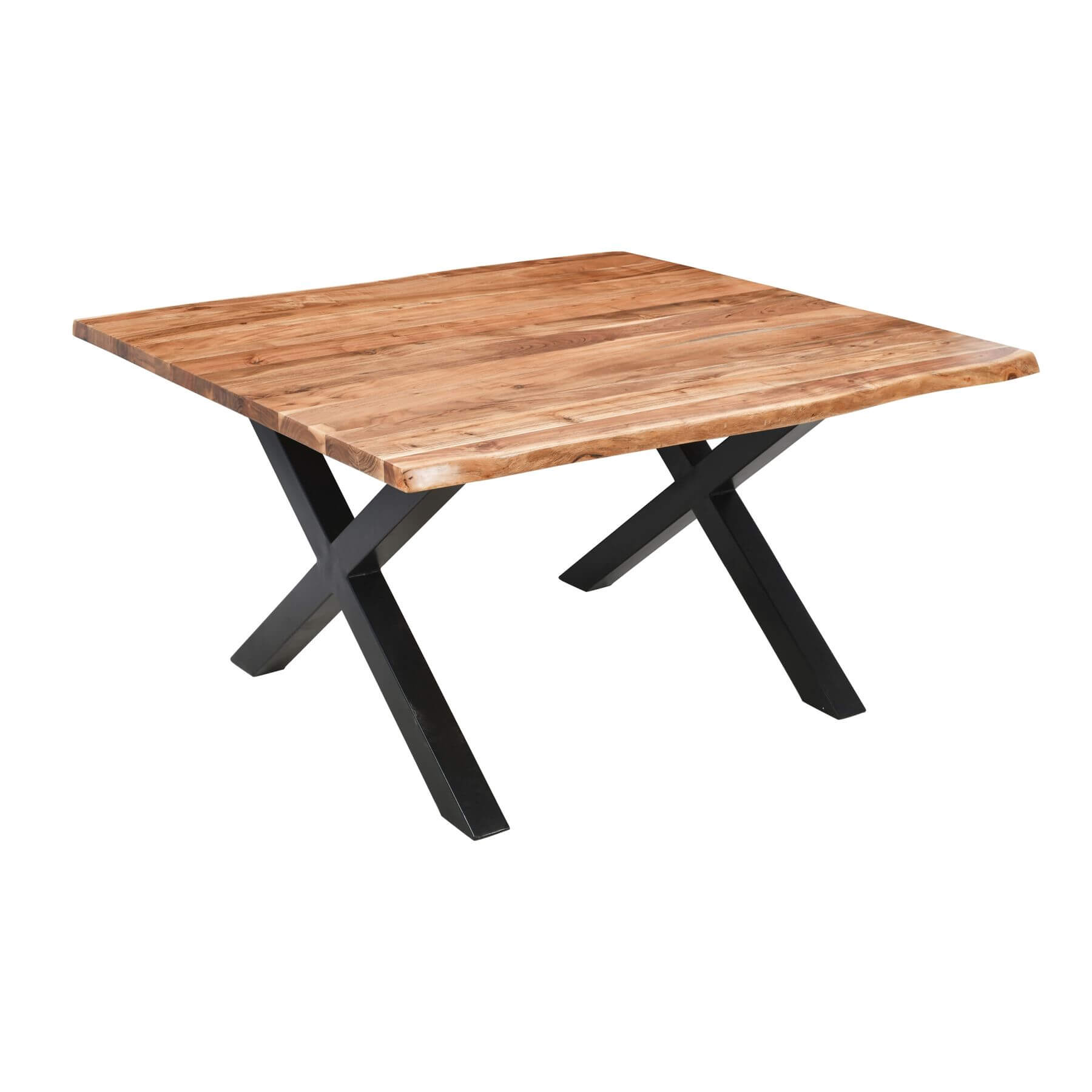 Live edge square dining table with acacia wood top and black steel legs, seats 8, rustic-modern 150cm centerpiece  

** by sostter at brixbailey.com