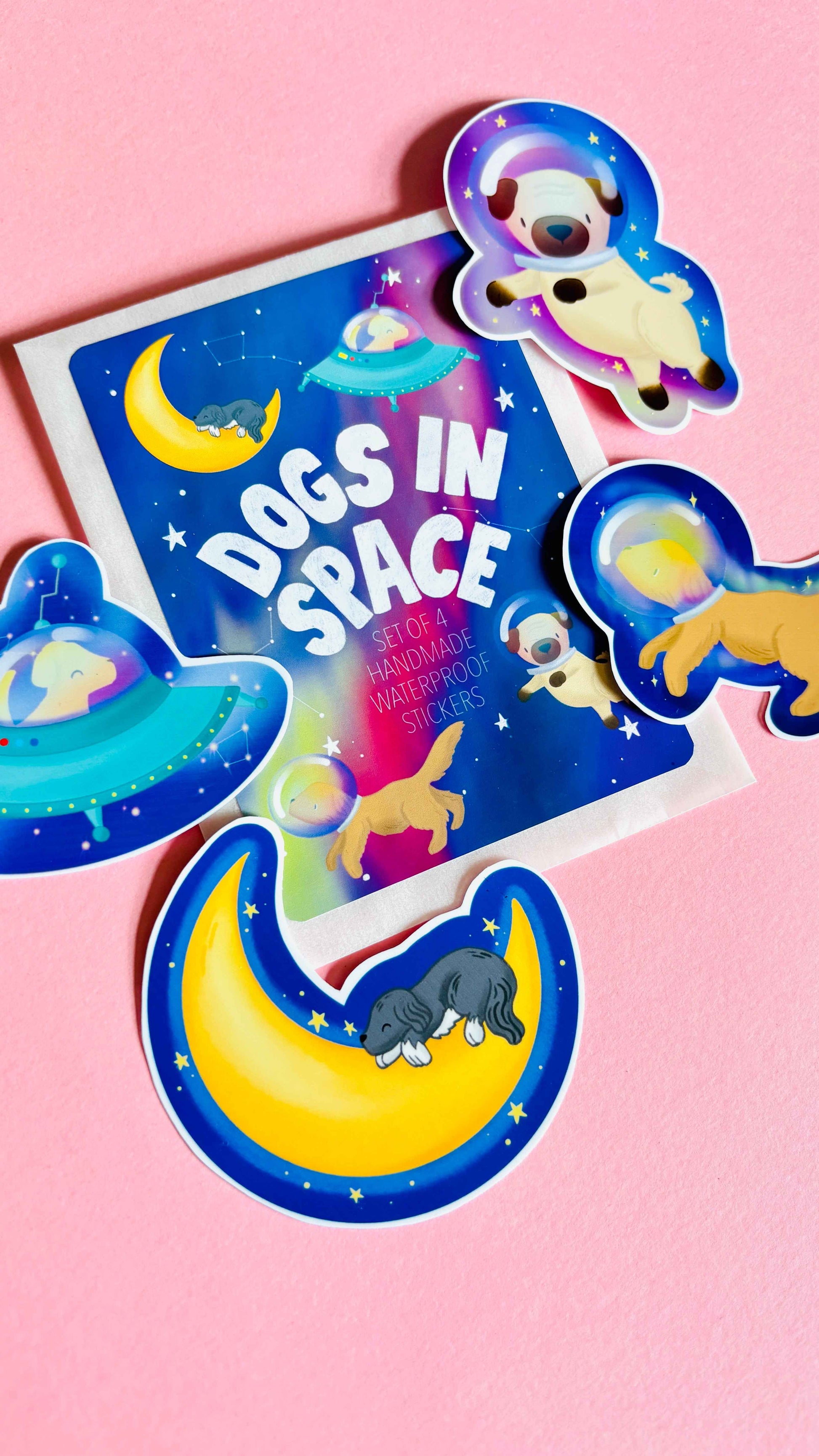 Space Dogs Vinyl Sticker Set of 4 Handmade Waterproof