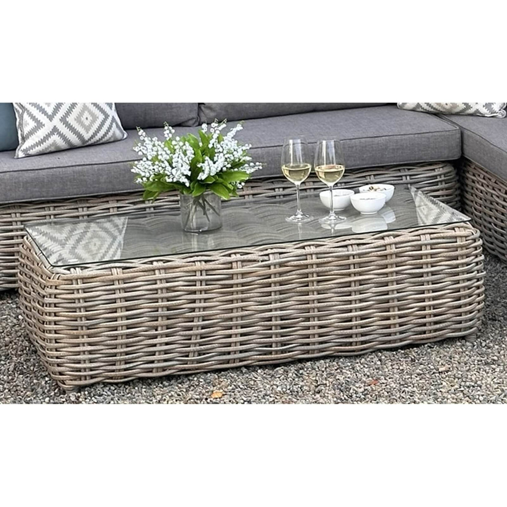 Modern beige glass display unit with modular sections and matching table for elegant home decor by sostter at brixbailey.com