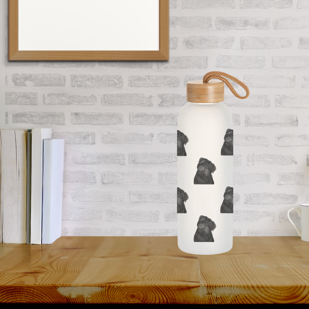 Pug Water Bottle 750ml Frosted Glass with Bamboo Lid