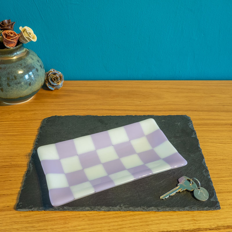 Chequered White and Colour Large Fused Glass Tray 21x12cm