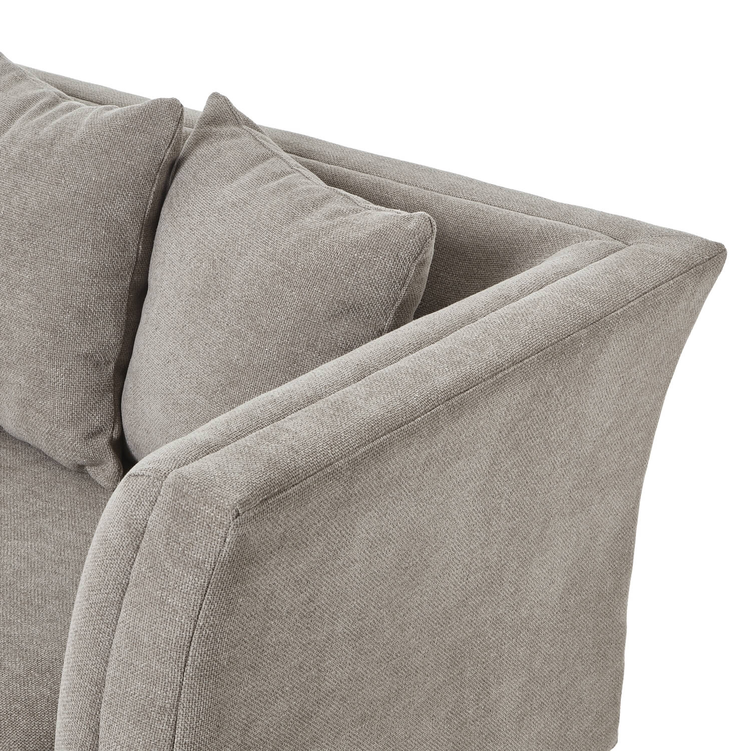 Vesper Taupe three-seater sofa with plush cushions, solid wood frame, and clean-lined silhouette in neutral hue by RoomLondon at brixbailey.com
